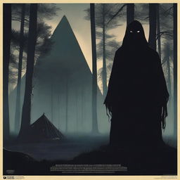 A high-quality movie poster featuring a terrifying black spirit looming over a forest campsite