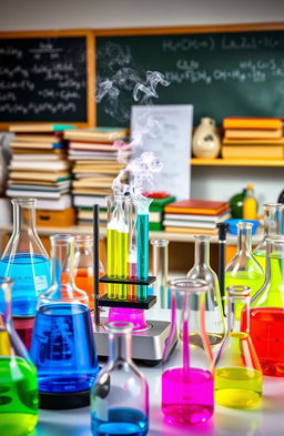 A vibrant science lab filled with various glassware and colorful chemicals