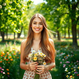 A beautiful young woman with long flowing hair, radiant skin, and a warm smile