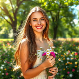 A beautiful young woman with long flowing hair, radiant skin, and a warm smile
