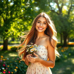 A beautiful young woman with long flowing hair, radiant skin, and a warm smile