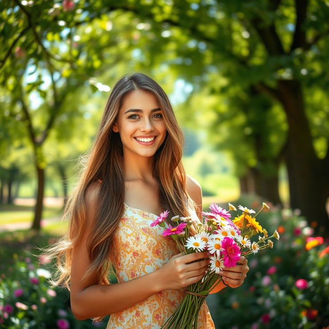 A beautiful young woman with long flowing hair, radiant skin, and a warm smile