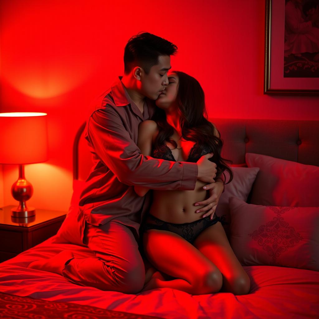 A Chinese man in stylish pajamas tenderly hugging and kissing a beautiful, sexy woman in a cozy bedroom bathed in soft red light