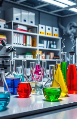 A realistic depiction of a modern science laboratory, featuring a variety of colorful chemical substances in glass beakers and flasks