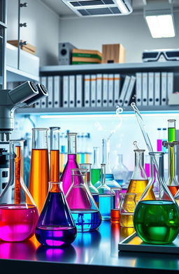 A realistic depiction of a modern science laboratory, featuring a variety of colorful chemical substances in glass beakers and flasks