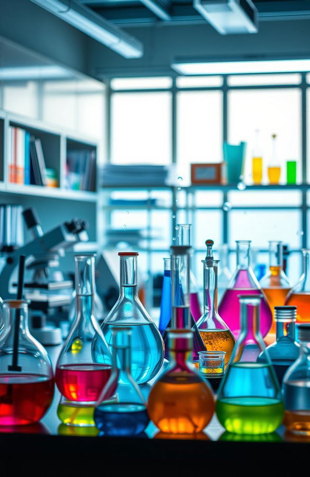 A realistic depiction of a modern science laboratory, featuring a variety of colorful chemical substances in glass beakers and flasks