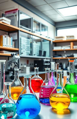 A realistic depiction of a modern science laboratory, featuring a variety of colorful chemical substances in glass beakers and flasks