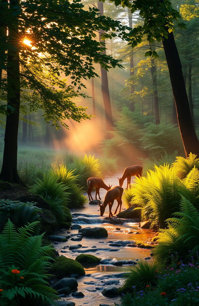 a tranquil forest scene at sunrise, with soft golden light filtering through the leaves, illuminating a small brook running through the forest, vibrant green ferns lining the banks, a family of deer drinking from the water, a gentle mist rising above the ground, and colorful wildflowers scattered throughout, creating a serene and peaceful atmosphere