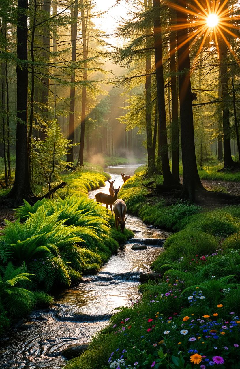 a tranquil forest scene at sunrise, with soft golden light filtering through the leaves, illuminating a small brook running through the forest, vibrant green ferns lining the banks, a family of deer drinking from the water, a gentle mist rising above the ground, and colorful wildflowers scattered throughout, creating a serene and peaceful atmosphere