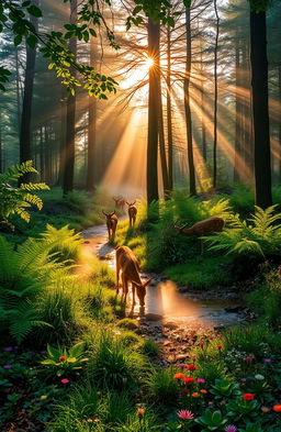 a tranquil forest scene at sunrise, with soft golden light filtering through the leaves, illuminating a small brook running through the forest, vibrant green ferns lining the banks, a family of deer drinking from the water, a gentle mist rising above the ground, and colorful wildflowers scattered throughout, creating a serene and peaceful atmosphere