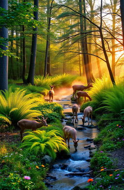 a tranquil forest scene at sunrise, with soft golden light filtering through the leaves, illuminating a small brook running through the forest, vibrant green ferns lining the banks, a family of deer drinking from the water, a gentle mist rising above the ground, and colorful wildflowers scattered throughout, creating a serene and peaceful atmosphere