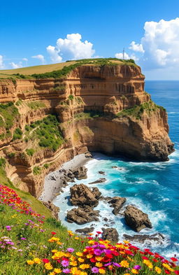 A stunning coastal landscape depicting a majestic cliffside (falésia) with vibrant wildflowers blossoming at its base
