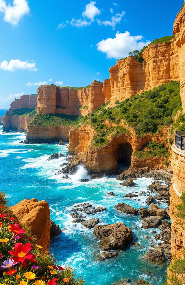 A stunning coastal landscape depicting a majestic cliffside (falésia) with vibrant wildflowers blossoming at its base