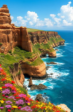 A stunning coastal landscape depicting a majestic cliffside (falésia) with vibrant wildflowers blossoming at its base