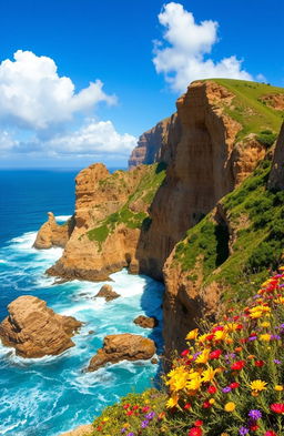 A stunning coastal landscape depicting a majestic cliffside (falésia) with vibrant wildflowers blossoming at its base