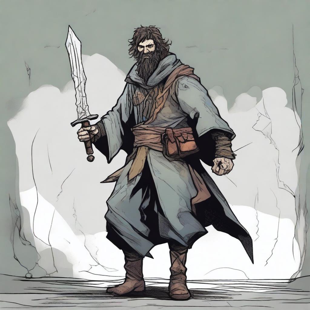 A digital art comic-style illustration of a scruffy, homeless fighter from a fantasy setting, akin to Dungeons and Dragons