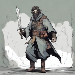 A digital art comic-style illustration of a scruffy, homeless fighter from a fantasy setting, akin to Dungeons and Dragons