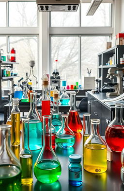 A vibrant and detailed image of a modern science laboratory filled with various chemicals in glass beakers, flasks, and test tubes