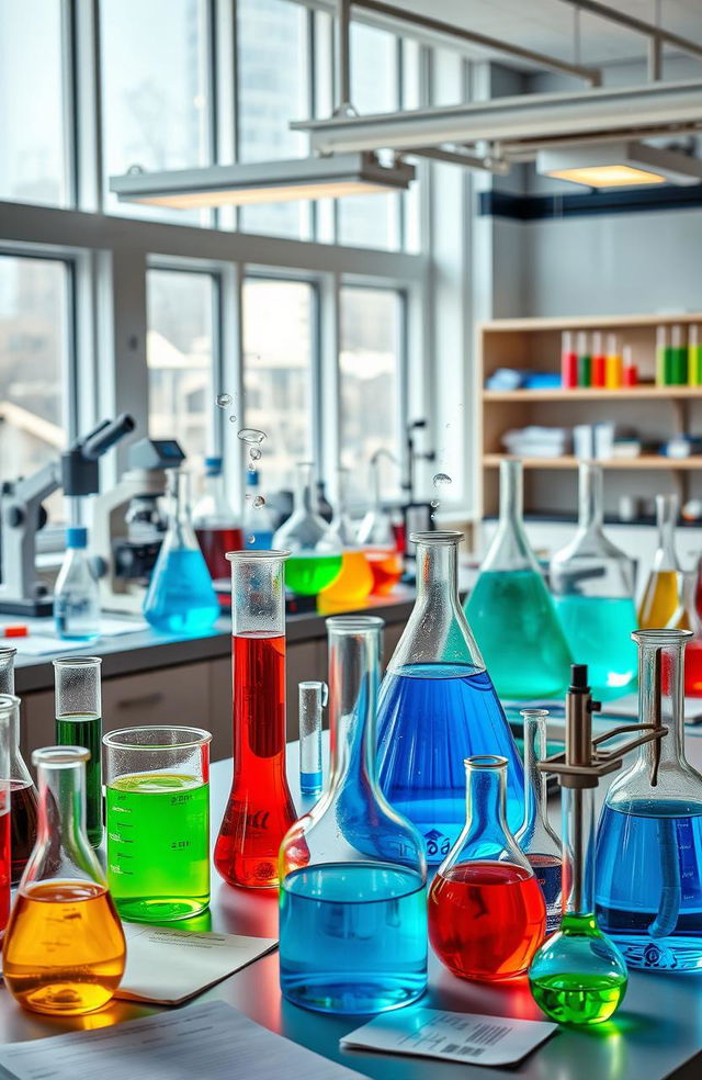 A vibrant and detailed image of a modern science laboratory filled with various chemicals in glass beakers, flasks, and test tubes