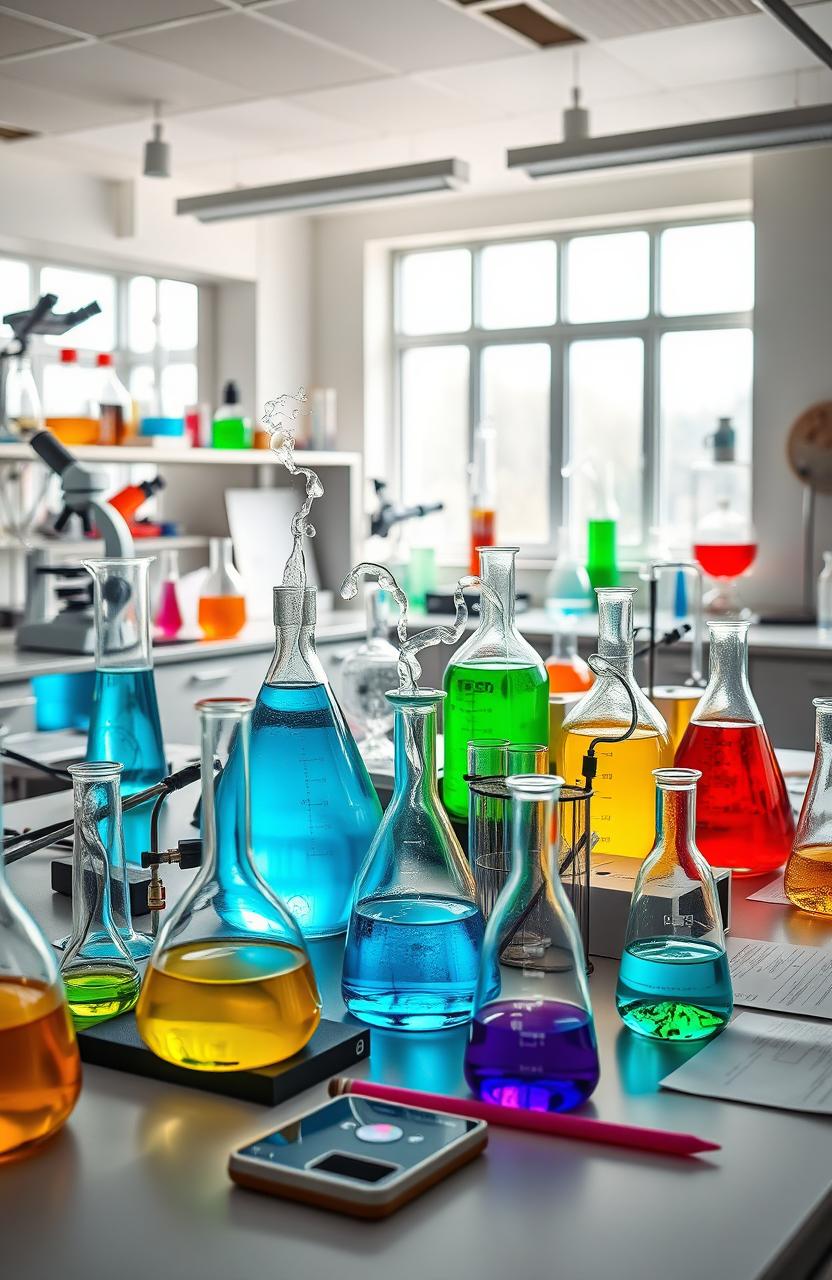 A vibrant and detailed image of a modern science laboratory filled with various chemicals in glass beakers, flasks, and test tubes