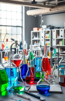 A vibrant and detailed image of a modern science laboratory filled with various chemicals in glass beakers, flasks, and test tubes