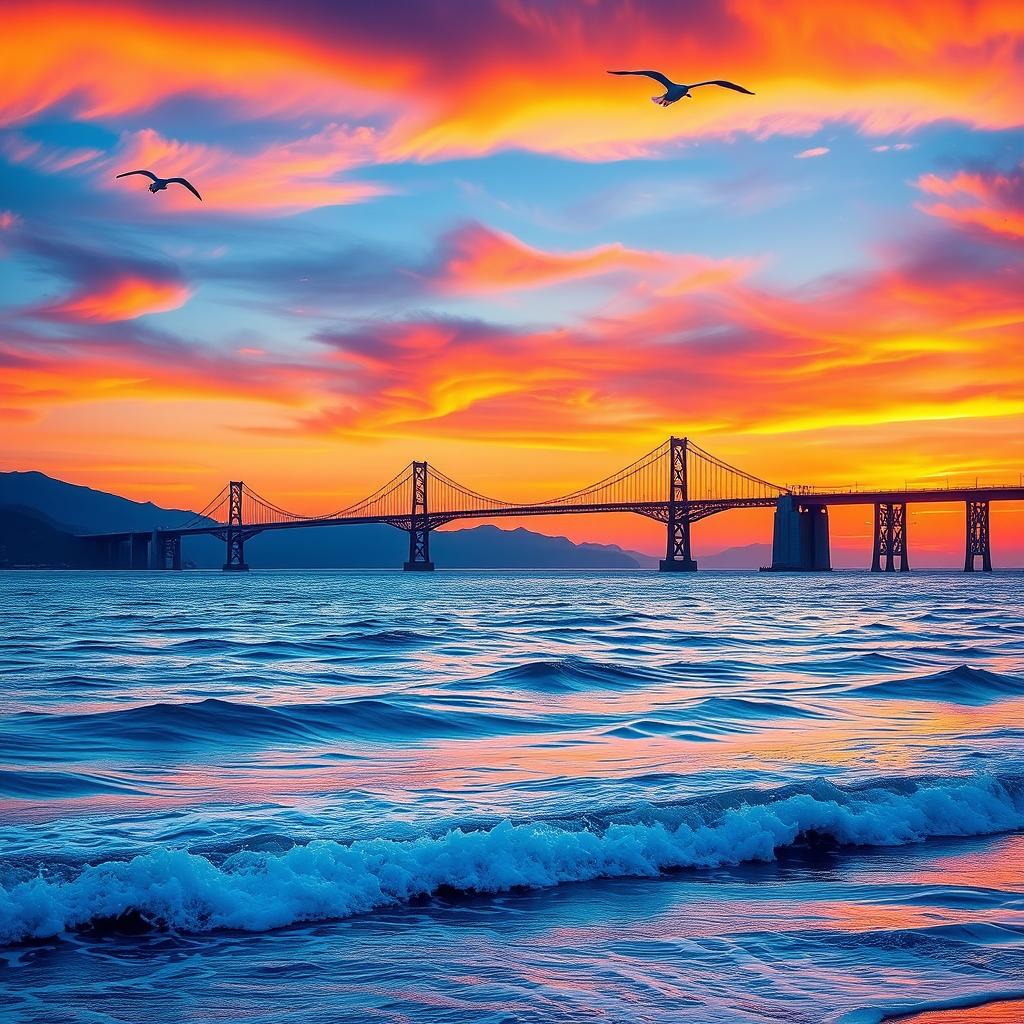 A breathtaking sea bridge stretching across a shimmering blue ocean, with vibrant sunset hues painting the sky in shades of orange, pink, and purple