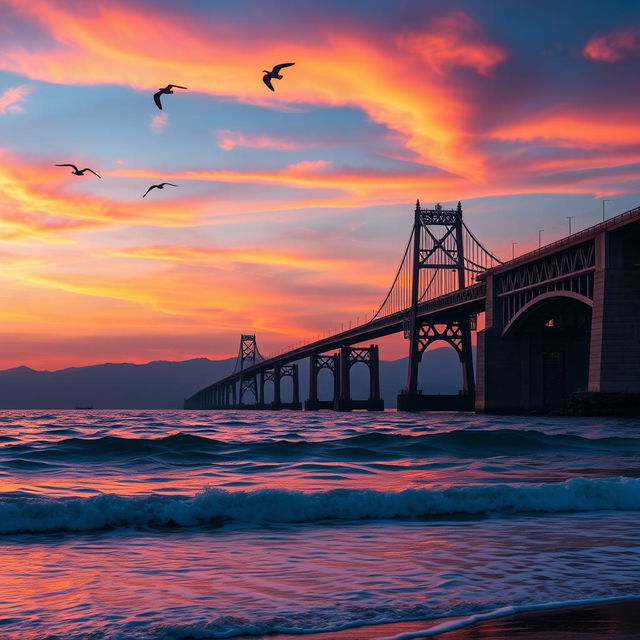 A breathtaking sea bridge stretching across a shimmering blue ocean, with vibrant sunset hues painting the sky in shades of orange, pink, and purple