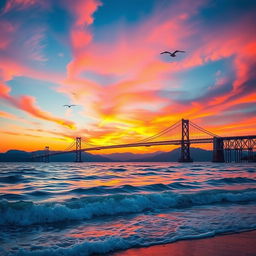 A breathtaking sea bridge stretching across a shimmering blue ocean, with vibrant sunset hues painting the sky in shades of orange, pink, and purple