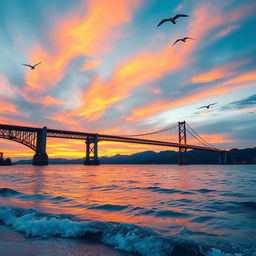 A breathtaking sea bridge stretching across a shimmering blue ocean, with vibrant sunset hues painting the sky in shades of orange, pink, and purple