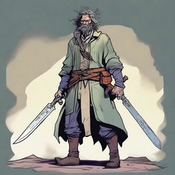 A digital art comic-style illustration of a scruffy, homeless fighter from a fantasy setting, akin to Dungeons and Dragons