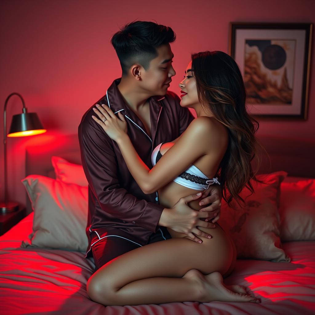 A Chinese man in stylish pajamas tenderly hugging and kissing a beautiful, sexy woman in a cozy bedroom illuminated by soft red light