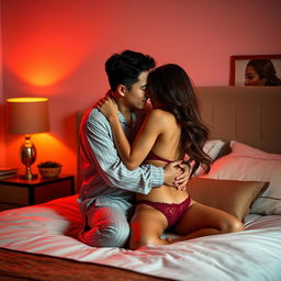 A Chinese man in stylish pajamas tenderly hugging and kissing a beautiful, sexy woman in a cozy bedroom illuminated by soft red light
