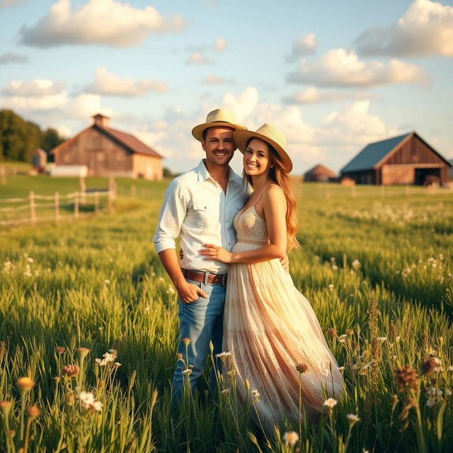 A romantic scene of a couple at a picturesque farm