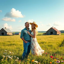 A romantic scene of a couple at a picturesque farm