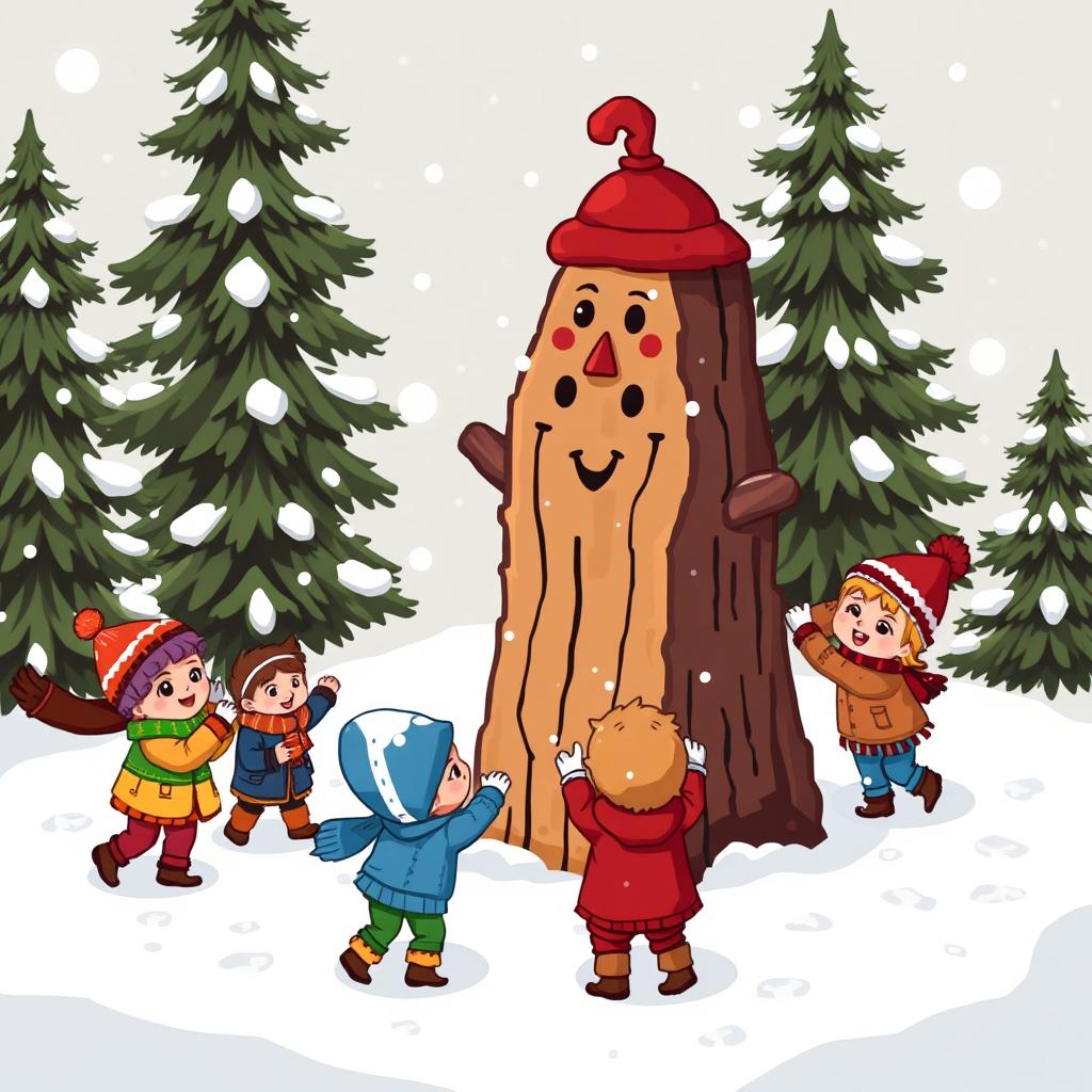 A charming pixel art scene depicting a traditional Caga Tió from Catalan culture in a winter background