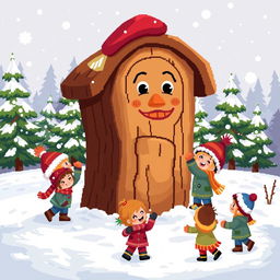 A charming pixel art scene depicting a traditional Caga Tió from Catalan culture in a winter background