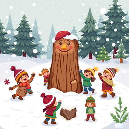 A charming pixel art scene depicting a traditional Caga Tió from Catalan culture in a winter background