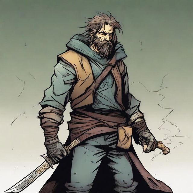 A digital art comic-style illustration of a scruffy, homeless fighter from a fantasy setting, akin to Dungeons and Dragons