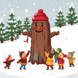 A charming pixel art scene depicting a traditional Caga Tió from Catalan culture in a winter background