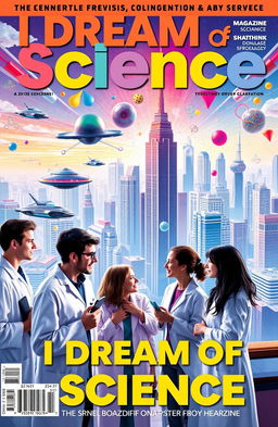 A striking and imaginative magazine cover for 'I Dream of Science', featuring a vibrant, futuristic city skyline with floating cars and advanced technology