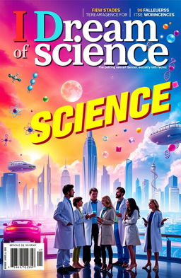 A striking and imaginative magazine cover for 'I Dream of Science', featuring a vibrant, futuristic city skyline with floating cars and advanced technology