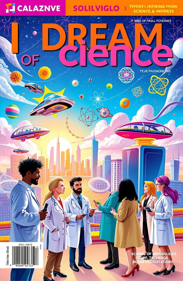 A striking and imaginative magazine cover for 'I Dream of Science', featuring a vibrant, futuristic city skyline with floating cars and advanced technology