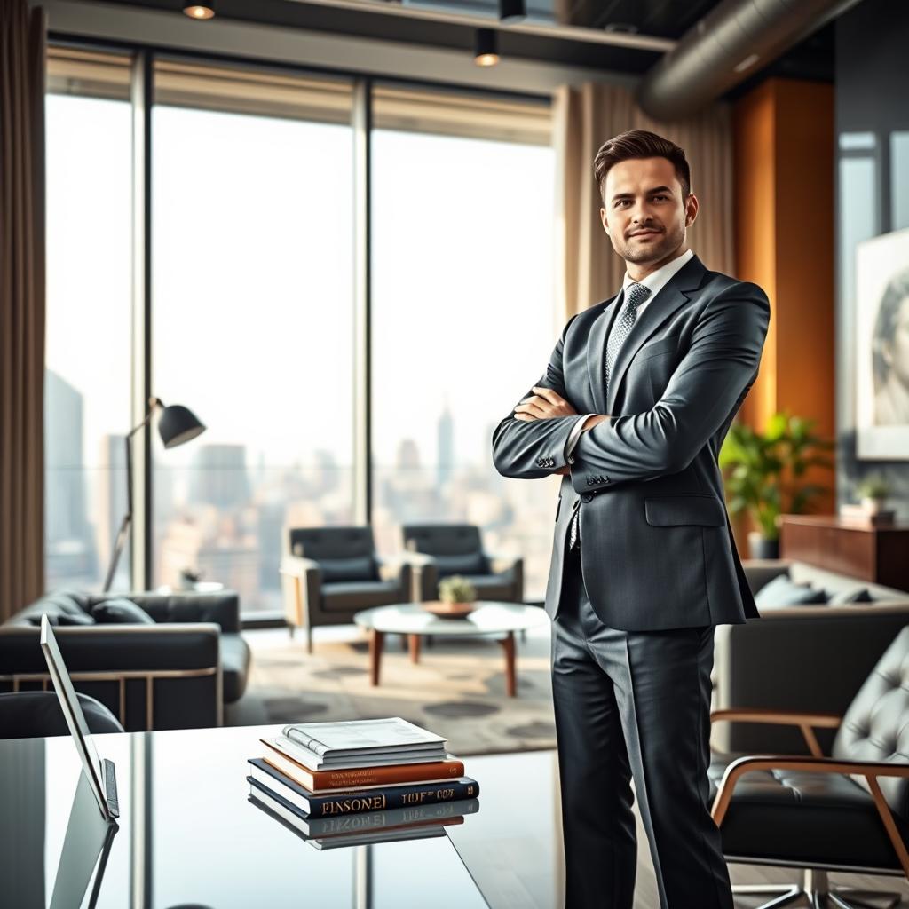 An inspiring and motivational scene depicting a confident individual in a stylish, modern office space, surrounded by luxury items that symbolize wealth and success, such as designer furniture, large windows showcasing a city skyline, and a sleek desk with a laptop and financial books