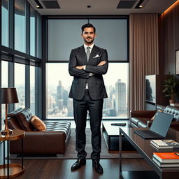 An inspiring and motivational scene depicting a confident individual in a stylish, modern office space, surrounded by luxury items that symbolize wealth and success, such as designer furniture, large windows showcasing a city skyline, and a sleek desk with a laptop and financial books