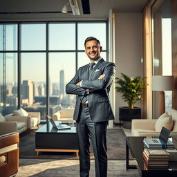 An inspiring and motivational scene depicting a confident individual in a stylish, modern office space, surrounded by luxury items that symbolize wealth and success, such as designer furniture, large windows showcasing a city skyline, and a sleek desk with a laptop and financial books