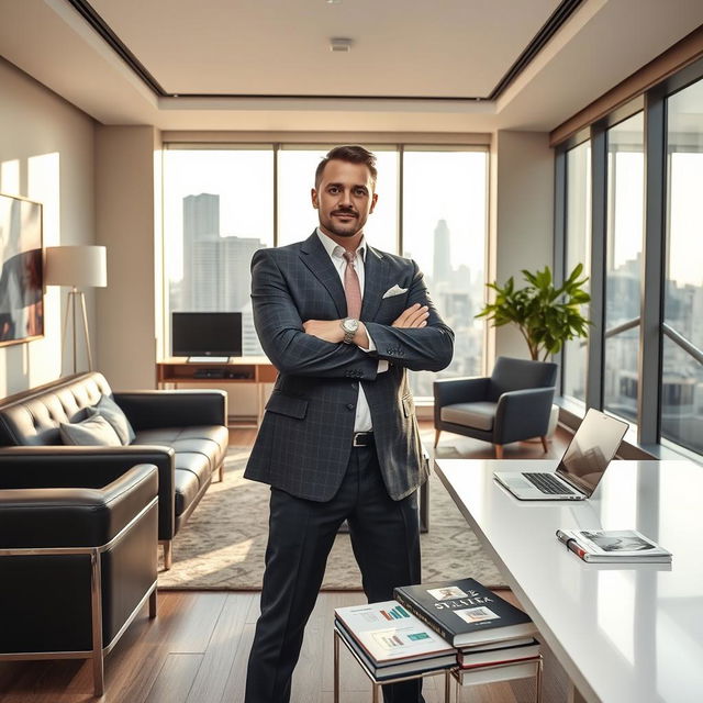 An inspiring and motivational scene depicting a confident individual in a stylish, modern office space, surrounded by luxury items that symbolize wealth and success, such as designer furniture, large windows showcasing a city skyline, and a sleek desk with a laptop and financial books