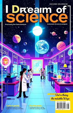 A vibrant and engaging science magazine cover titled 'I Dream of Science', featuring a captivating illustration of a futuristic laboratory with glowing holograms, scientists in stylish lab coats, and various scientific equipment