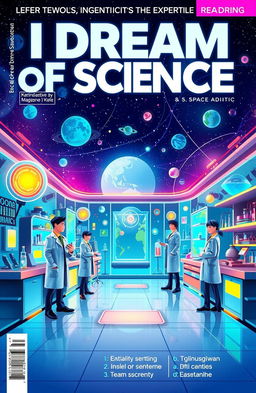 A vibrant and engaging science magazine cover titled 'I Dream of Science', featuring a captivating illustration of a futuristic laboratory with glowing holograms, scientists in stylish lab coats, and various scientific equipment