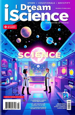 A vibrant and engaging science magazine cover titled 'I Dream of Science', featuring a captivating illustration of a futuristic laboratory with glowing holograms, scientists in stylish lab coats, and various scientific equipment