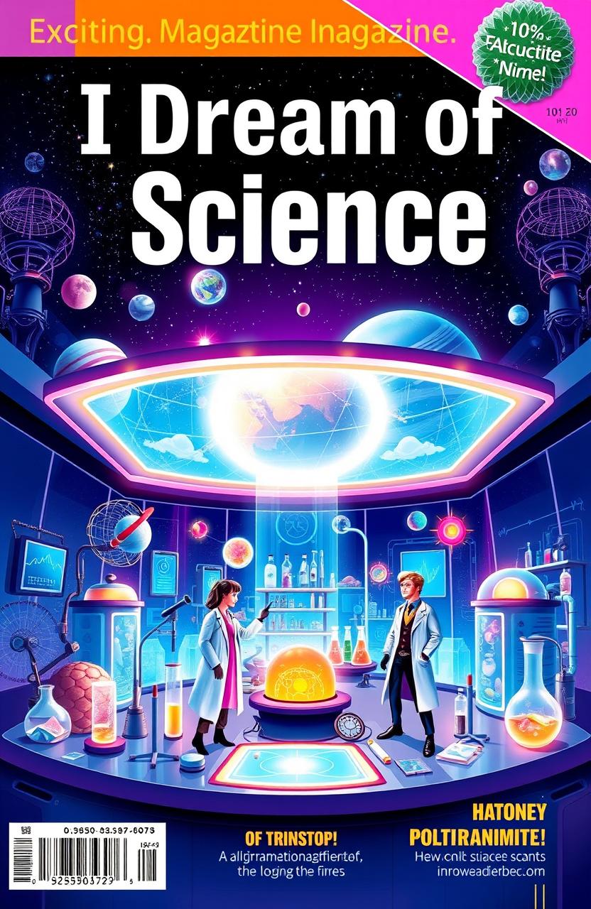 A vibrant and engaging science magazine cover titled 'I Dream of Science', featuring a captivating illustration of a futuristic laboratory with glowing holograms, scientists in stylish lab coats, and various scientific equipment